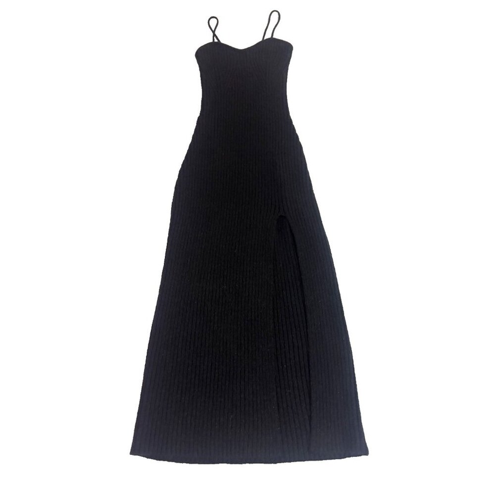 Cider, Black Ribbed Witchcore Knit Maxi Dress With Spaghetti Straps & Side Slit
